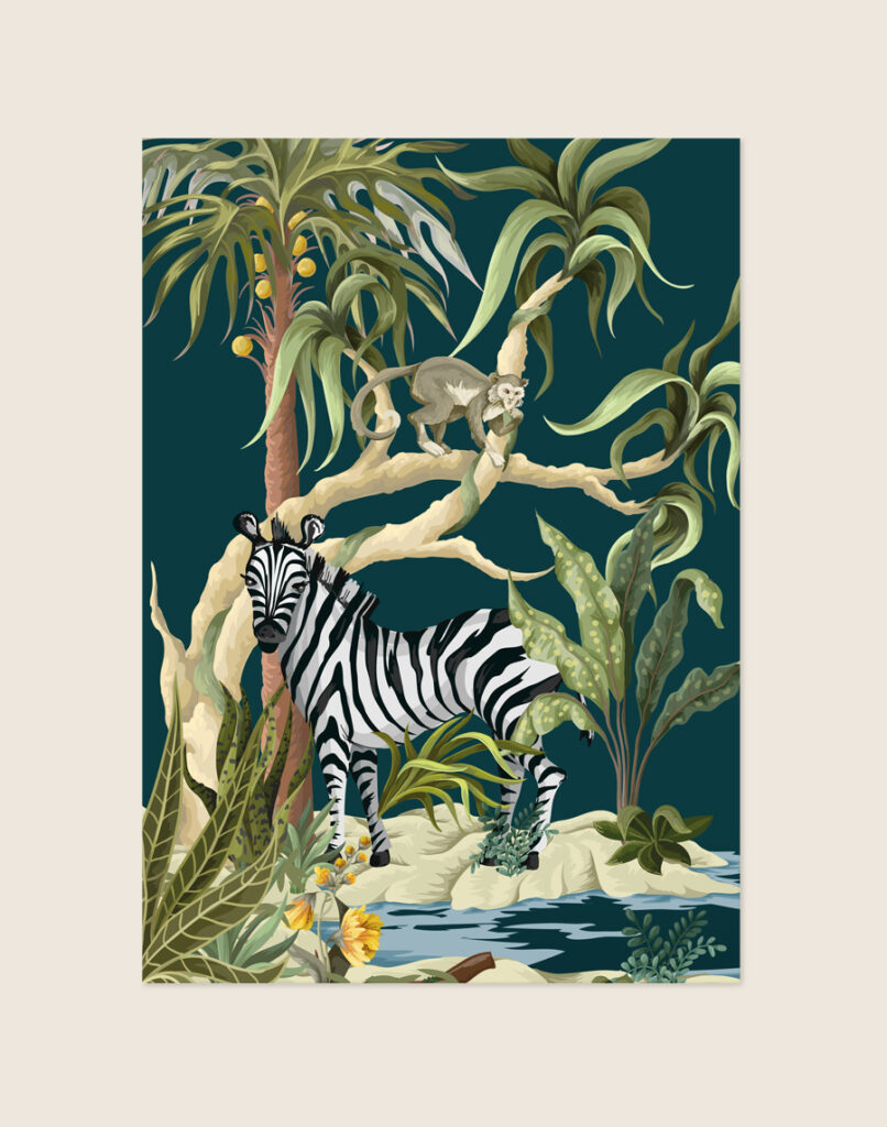 Botanische Poster Jungle zebra met een geïllustreerde zebra en aapje in een tropisch bos op een diepgroene achtergrond, sfeervol opgehangen in een ruimte.