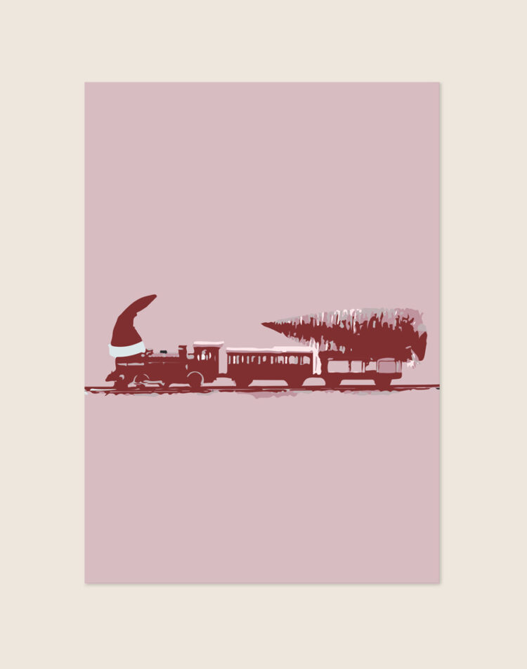 Sfeervolle kerstposter in zachte roze tinten met een illustratie van een stoomtrein die een grote kerstboom vervoert en een kerstmuts draagt, stijlvol opgehangen in een kinderkamer.