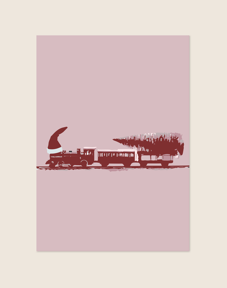 Sfeervolle kerstposter in zachte roze tinten met een illustratie van een stoomtrein die een grote kerstboom vervoert en een kerstmuts draagt, stijlvol opgehangen in een kinderkamer.