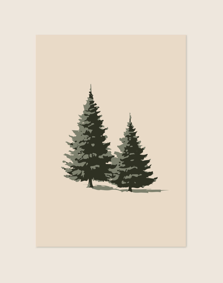 Minimalistische poster met een illustratie van twee donkergroene kerstbomen tegen een warme beige achtergrond, sfeervol opgehangen in een neutraal interieur.