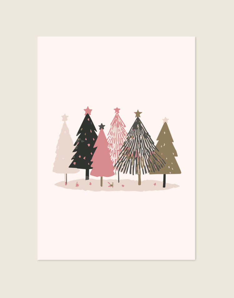 Moderne kerstposter met illustraties van diverse kerstbomen in roze, bruine en zwarte tinten, sfeervol opgehangen in een Scandinavisch interieur.