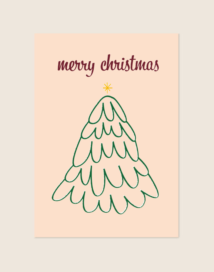 Lichte pastelkleurige kerstposter met een minimalistische, handgetekende groene kerstboom, een gele ster en de donkerrode tekst merry christmas.