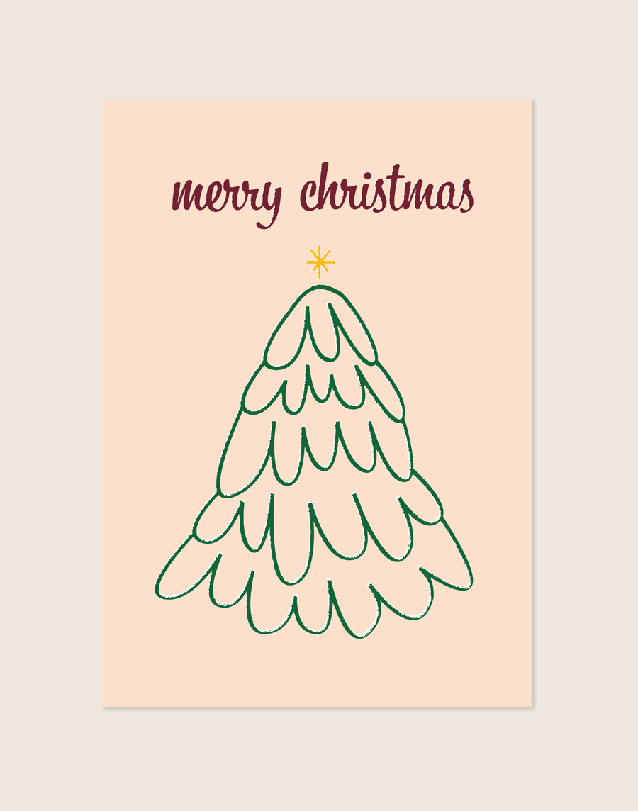 Lichte pastelkleurige kerstposter met een minimalistische, handgetekende groene kerstboom, een gele ster en de donkerrode tekst merry christmas.