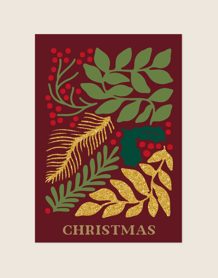 Dieprode kerstposter met een botanische illustratie van groene kersttakken, rode bessen, sprankelende gouden bladeren en de tekst CHRISTMAS.