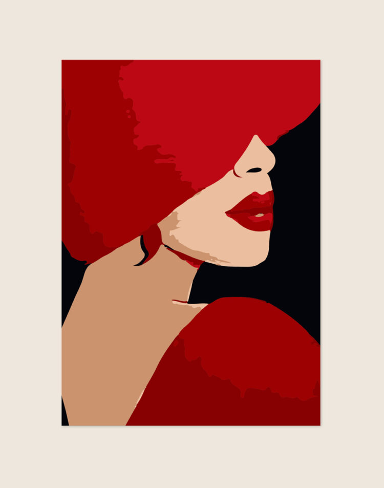 Stijlvolle illustratie poster van een elegante vrouw met rode lippen en een grote rode hoed in profiel tegen een diepzwarte achtergrond.