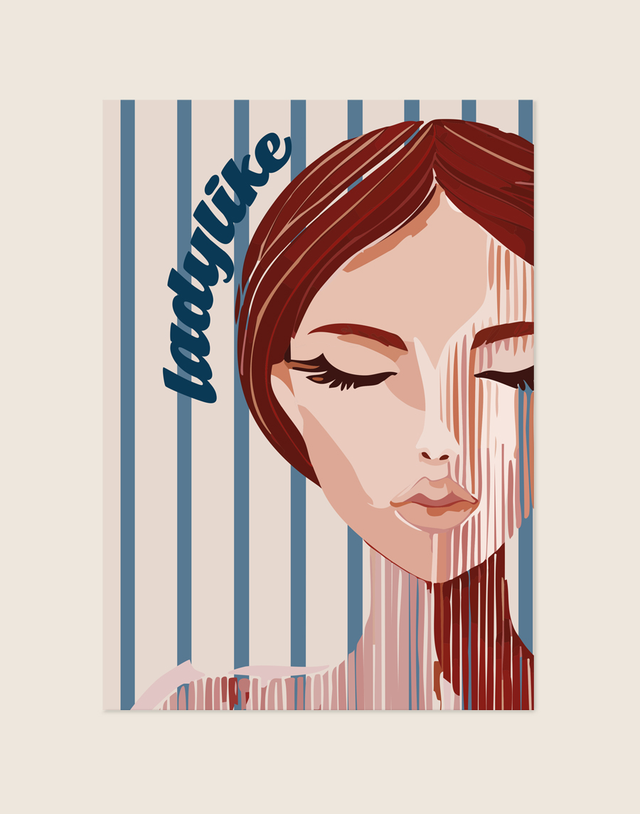 Artistieke poster van een elegant vrouwenportret met gesloten ogen en een abstract druipend verfeffect, tegen een achtergrond met blauwe strepen en de tekst ladylike.