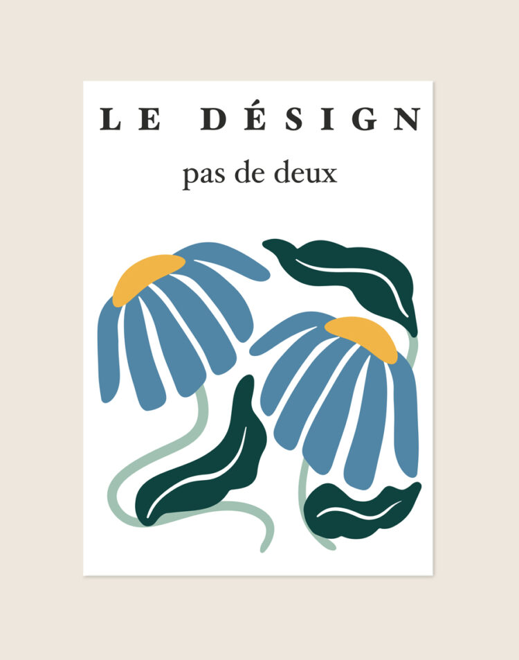 Botanische poster met de tekst 'LE DÉSIGN pas de deux' en een illustratie van twee dansende blauwe bloemen met gele harten en donkergroene bladeren op een witte achtergrond.