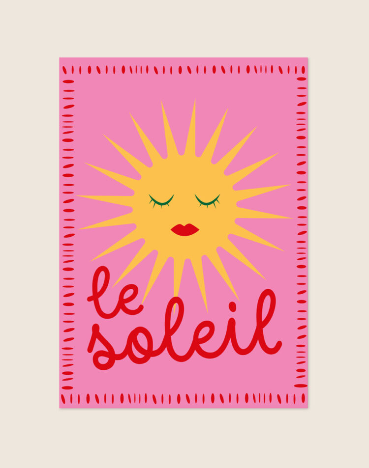 Vrolijke roze poster met een gele zon met gezichtje, de rode geschreven tekst 'le soleil' en een gestippelde rode rand.