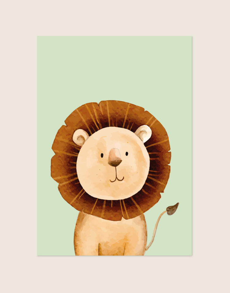 Lieve kinderkamer Poster Leeuw groen met een handgeschilderde aquarel leeuw op een zachte saliegroene achtergrond, sfeervol opgehangen in een ruimte.