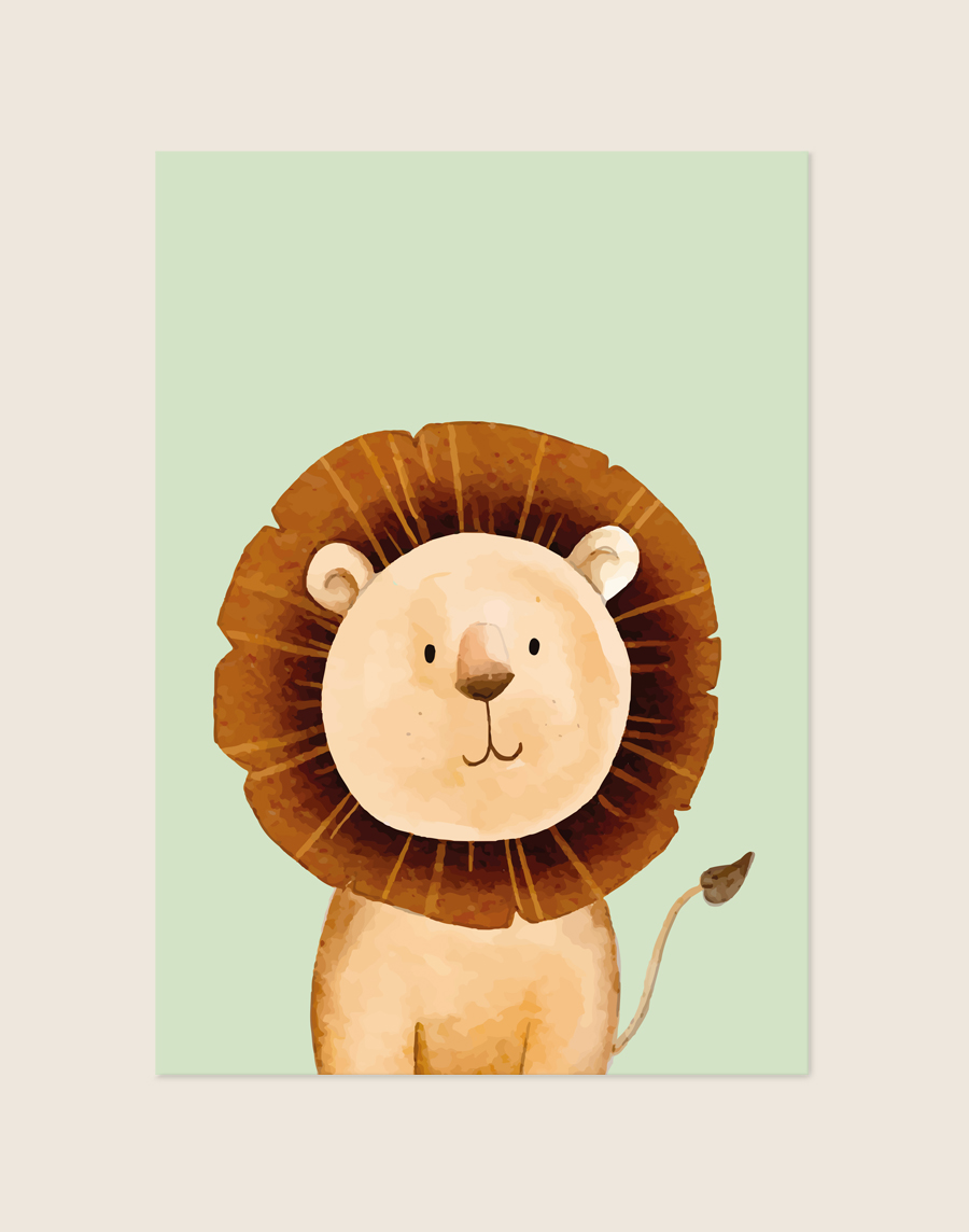 Lieve kinderkamer Poster Leeuw groen met een handgeschilderde aquarel leeuw op een zachte saliegroene achtergrond, sfeervol opgehangen in een ruimte.