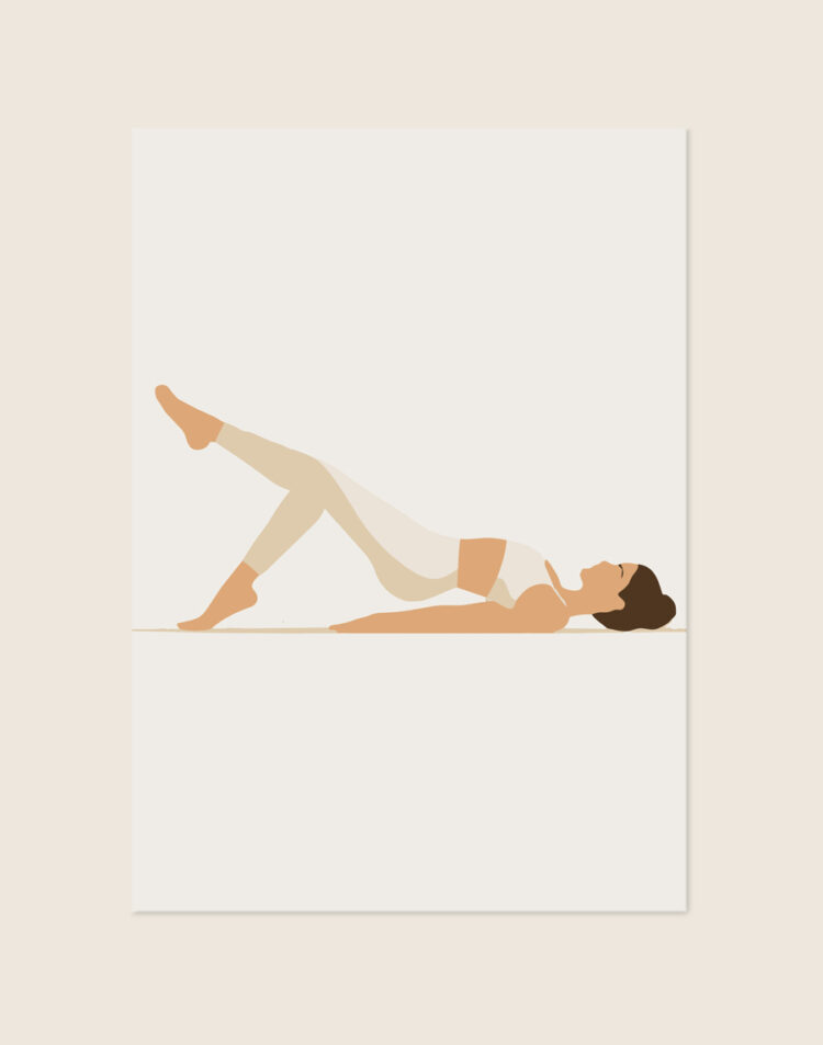 Minimalistische vectorillustratie op een poster van een persoon in een Pilates single leg bridge pose met één been omhoog gestrekt, tegen een crèmekleurige achtergrond.