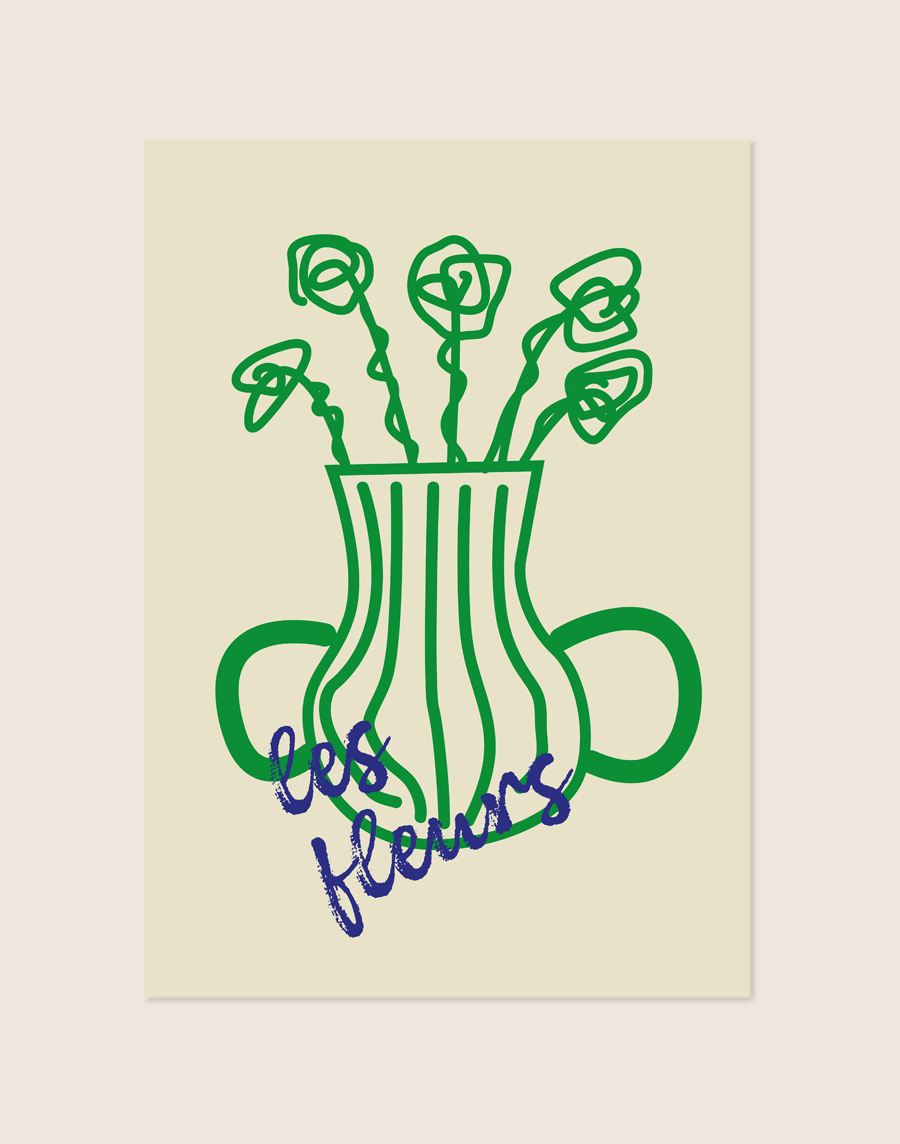 Grafische poster van een vaas met bloemen in felle groene lijnkunst met de handgeschreven blauwe tekst 'les fleurs' op een zandkleurige achtergrond.