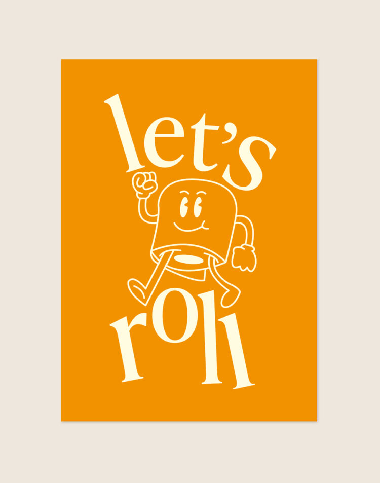 Vrolijke oranje poster met crèmekleurige retro cartoon illustratie van een rennende rol toiletpapier en de tekst let's roll, sfeervol opgehangen aan een neutrale muur in een moderne toiletruimte.