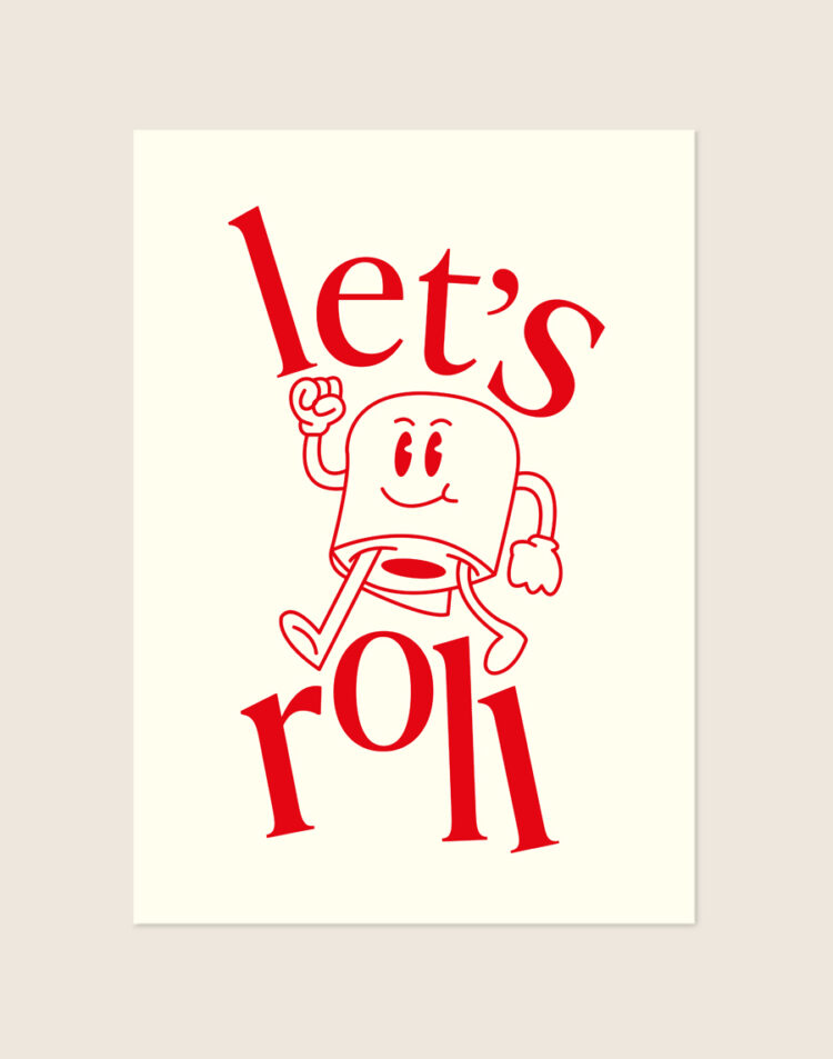 Vrolijke poster met crèmekleurige achtergrond en rode retro cartoon illustratie van een rennende rol toiletpapier en de tekst let's roll, sfeervol opgehangen aan een neutrale muur in een moderne toiletruimte.