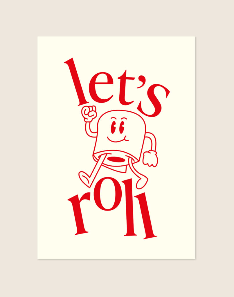 Vrolijke poster met crèmekleurige achtergrond en rode retro cartoon illustratie van een rennende rol toiletpapier en de tekst let's roll, sfeervol opgehangen aan een neutrale muur in een moderne toiletruimte.