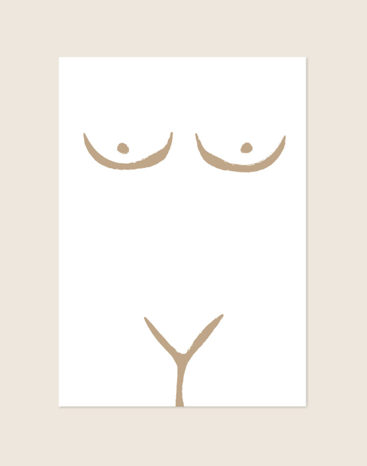 Stijlvolle artistieke poster van een menselijk lichaam op een beige achtergrond, sfeervol opgehangen aan een neutrale muur in een lichte en moderne slaapkamer.