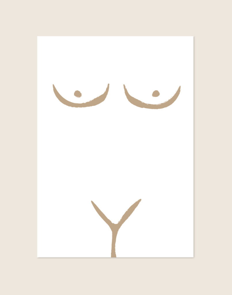 Stijlvolle artistieke poster van een menselijk lichaam op een beige achtergrond, sfeervol opgehangen aan een neutrale muur in een lichte en moderne slaapkamer.