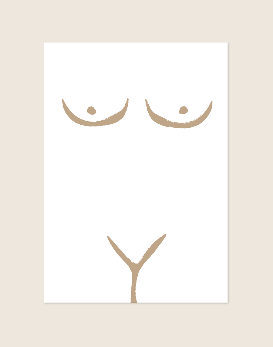 Stijlvolle artistieke poster van een menselijk lichaam op een beige achtergrond, sfeervol opgehangen aan een neutrale muur in een lichte en moderne slaapkamer.