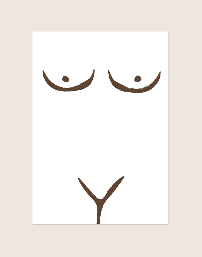 Stijlvolle artistieke poster van een menselijk lichaam in warme bruintinten, sfeervol opgehangen aan een neutrale muur in een moderne slaapkamer.