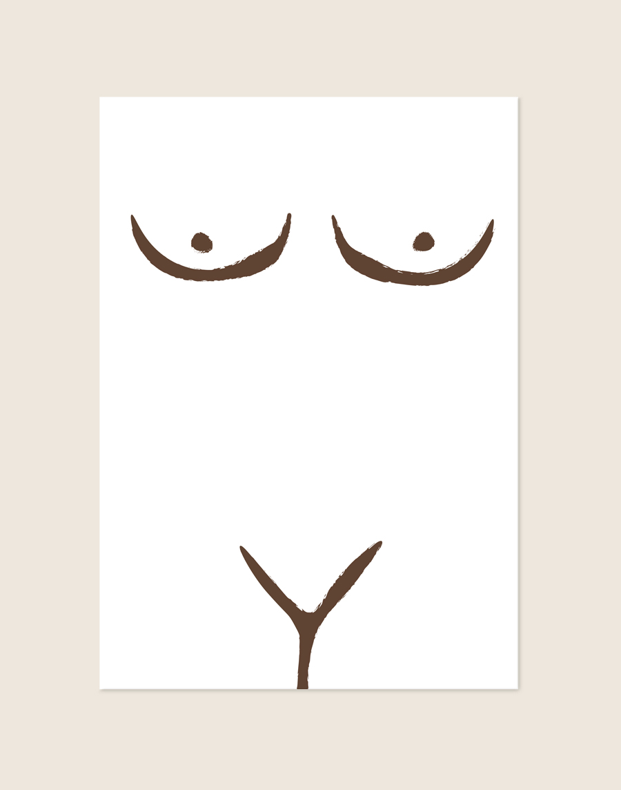 Stijlvolle artistieke poster van een menselijk lichaam in warme bruintinten, sfeervol opgehangen aan een neutrale muur in een moderne slaapkamer.