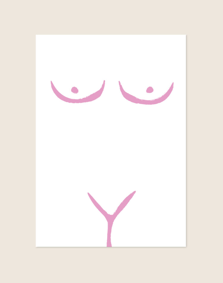 Minimalistische artistieke poster met roze penseelstreken van een vrouwelijk lichaam op een witte achtergrond, sfeervol opgehangen aan een neutrale muur in een moderne slaapkamer.
