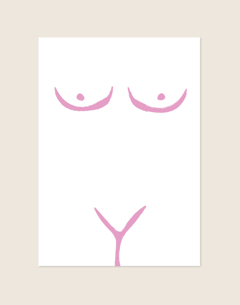 Minimalistische artistieke poster met roze penseelstreken van een vrouwelijk lichaam op een witte achtergrond, sfeervol opgehangen aan een neutrale muur in een moderne slaapkamer.
