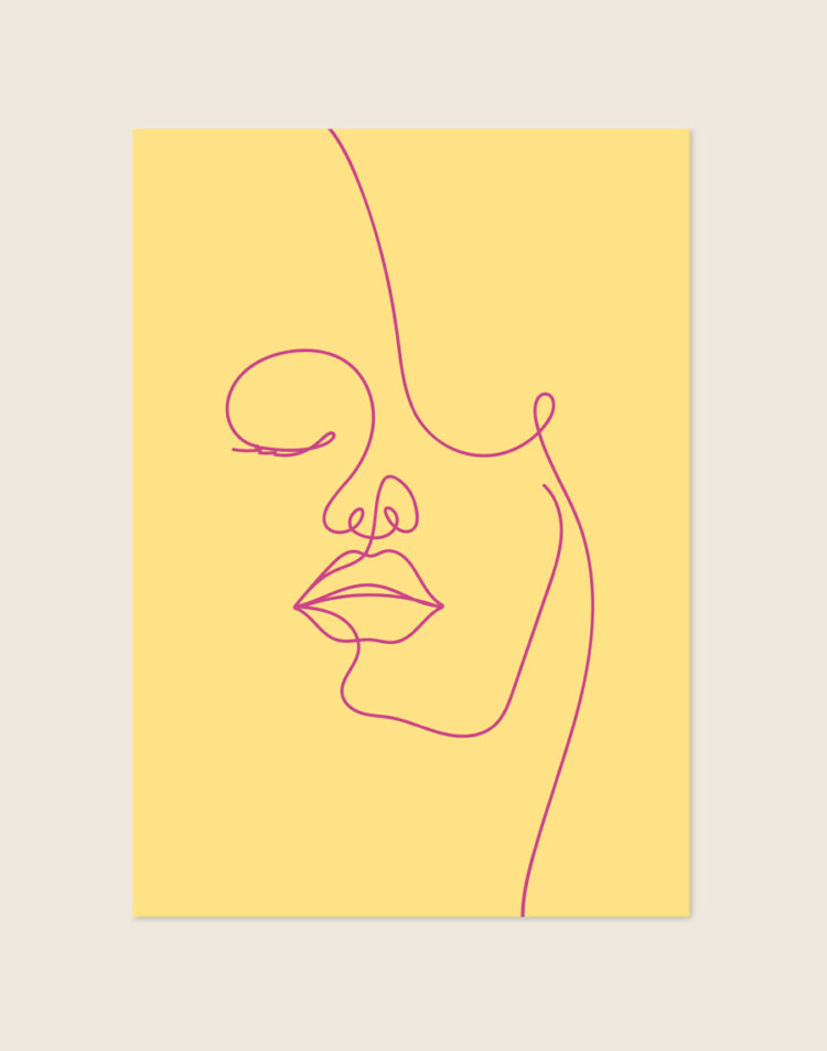 Vrolijke pastelgele poster met een fuchsia roze line art tekening van een sereen gezicht met gesloten ogen.