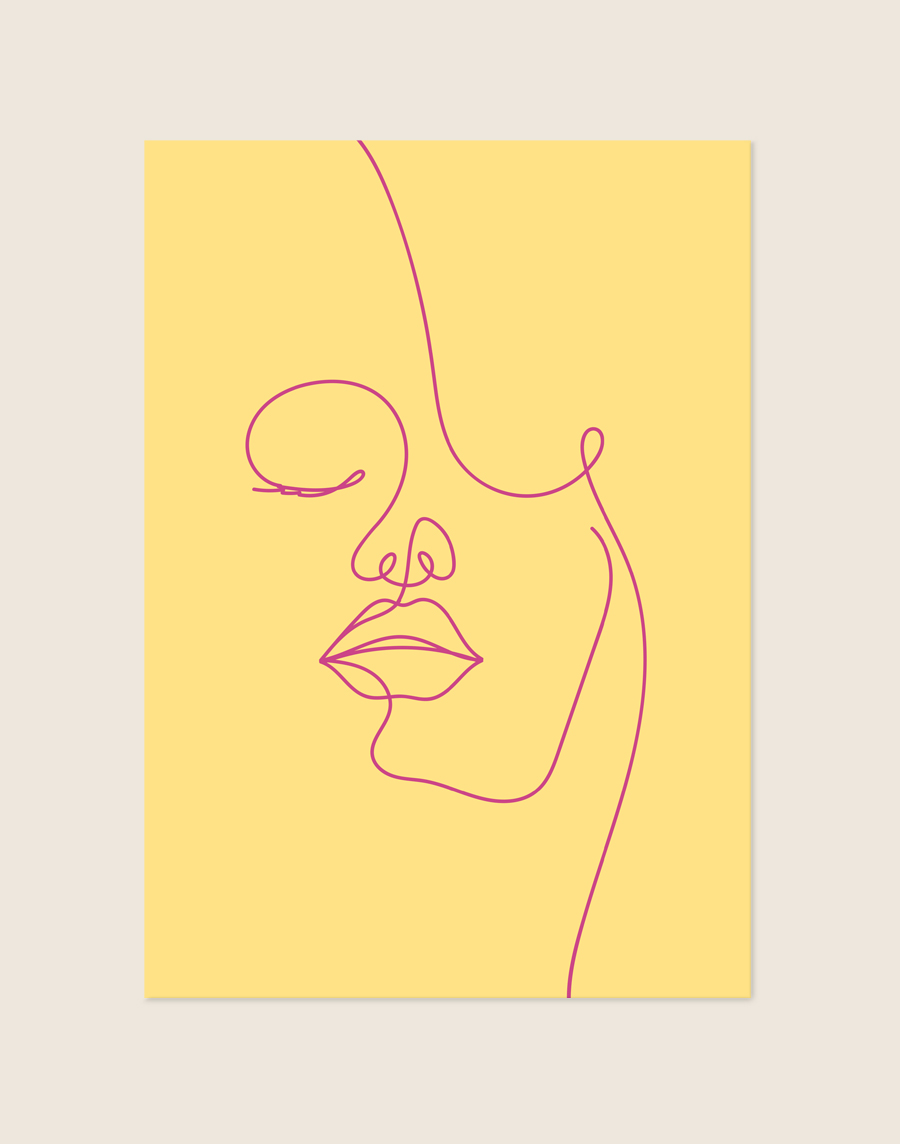 Vrolijke pastelgele poster met een fuchsia roze line art tekening van een sereen gezicht met gesloten ogen.