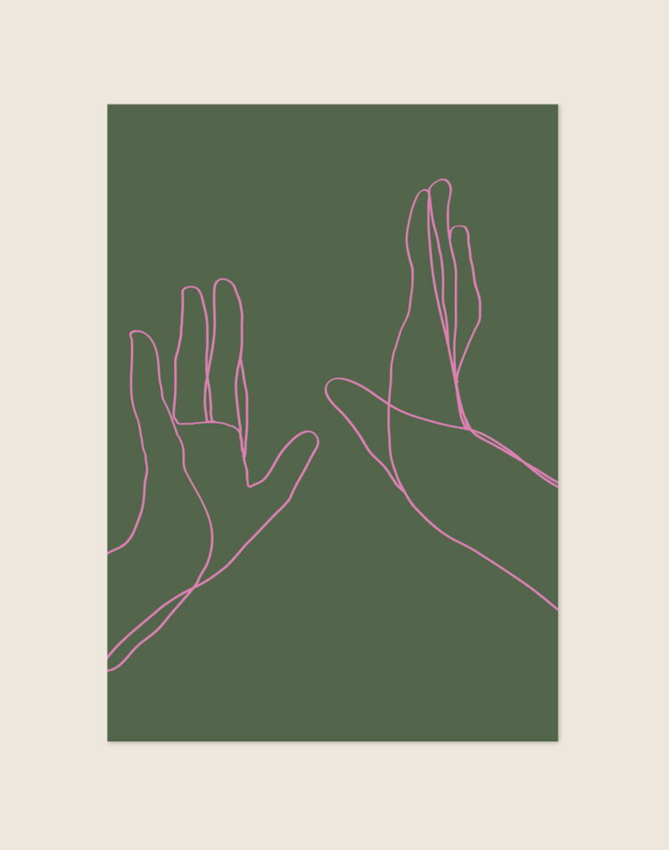 Moderne olijfgroene poster met een roze line art tekening van twee handen die een high five geven.