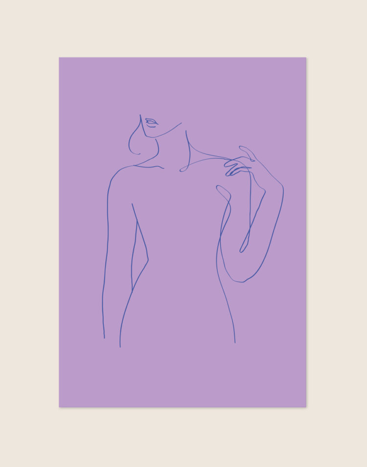 Minimalistische lila-paarse poster met een blauwe line art tekening van het bovenlichaam van een vrouw met haar hand op haar schouder.