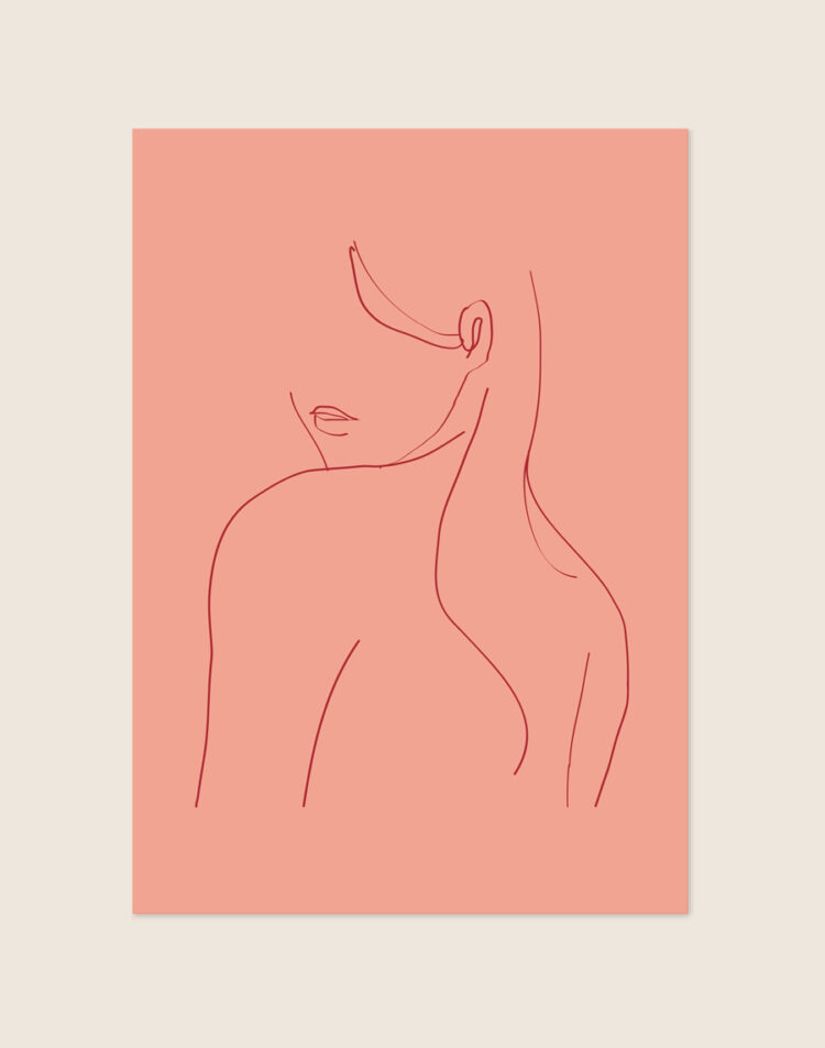 Minimalistische zalmroze poster met een rode line art tekening van de rug en het profiel van een vrouw met lang haar.