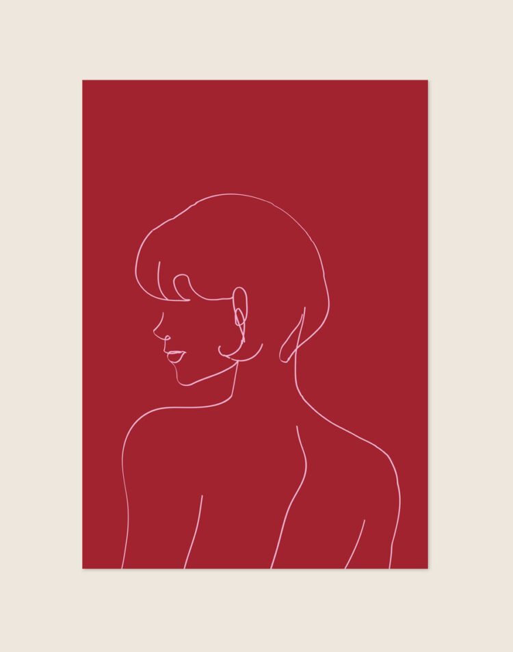 Stijlvolle bordeauxrode poster met een lichtroze line art tekening van het profiel en de rug van een vrouw met kort haar.