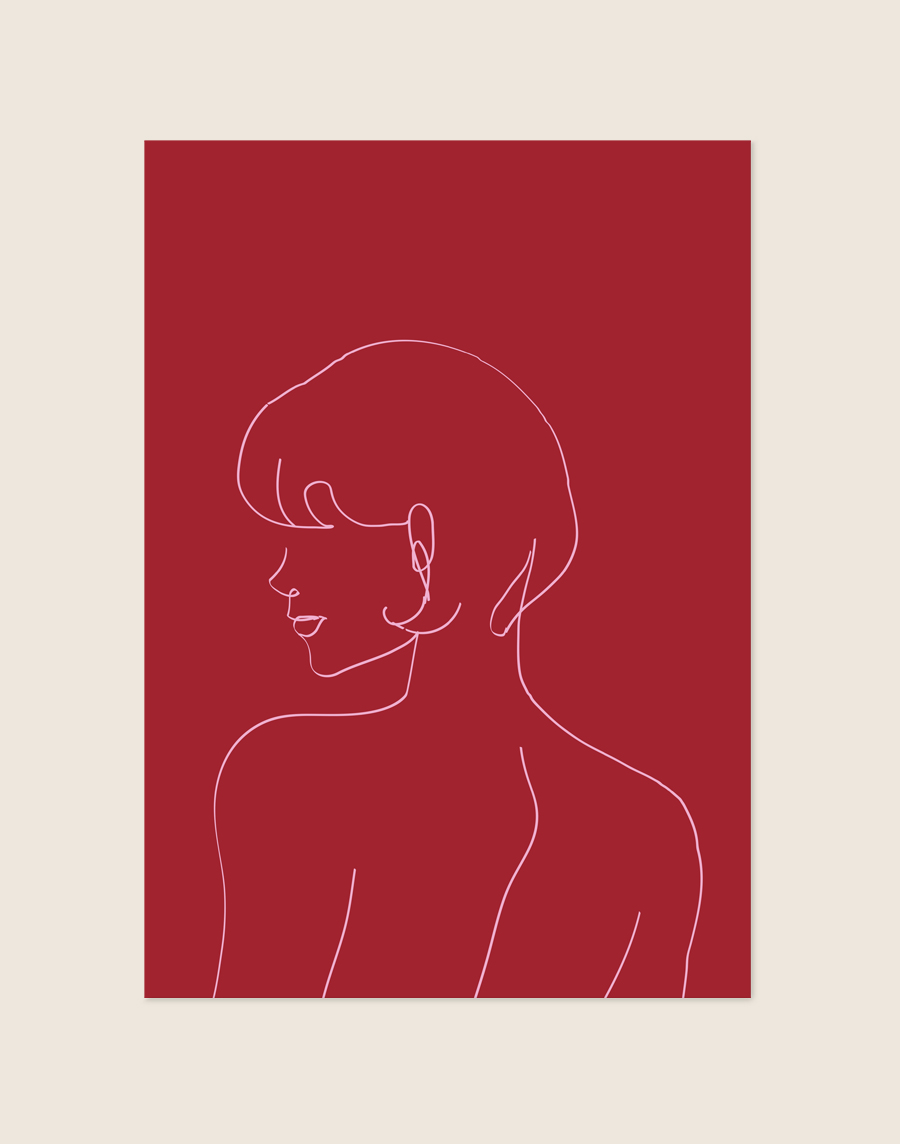 Stijlvolle bordeauxrode poster met een lichtroze line art tekening van het profiel en de rug van een vrouw met kort haar.