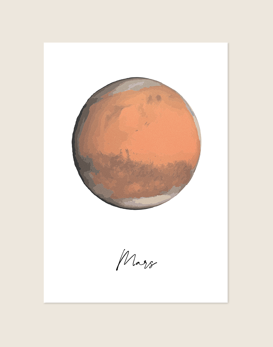 Een minimalistische rechthoekige poster, gecentreerd tegen een effen neutrale beige achtergrond. De poster zelf is wit en toont bovenaan een gedetailleerde, gestileerde illustratie van de planeet Mars, weergegeven als een getextureerde bol met een complex patroon van oranje-rode, roestige en terracotta-tinten, met donkerdere grijze en beige gebieden aan de pool en randen die terreinvariaties suggereren. Onder de planeet staat de naam 'Mars' in een sierlijk, cursief script-lettertype. De algehele presentatie is schoon en modern.