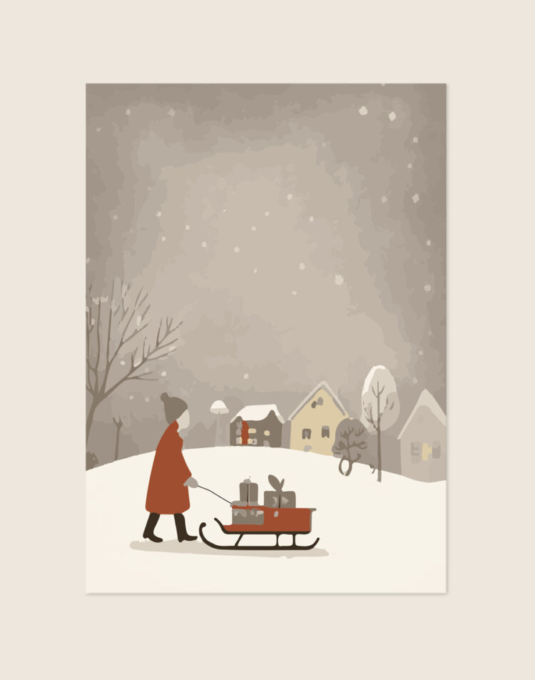 Sfeervolle winterse poster 'Meisje met de slee' (vergelijk image_0.png) met een meisje in een rode jas en een slee vol geschenken, opgehangen in een minimalistisch interieur.