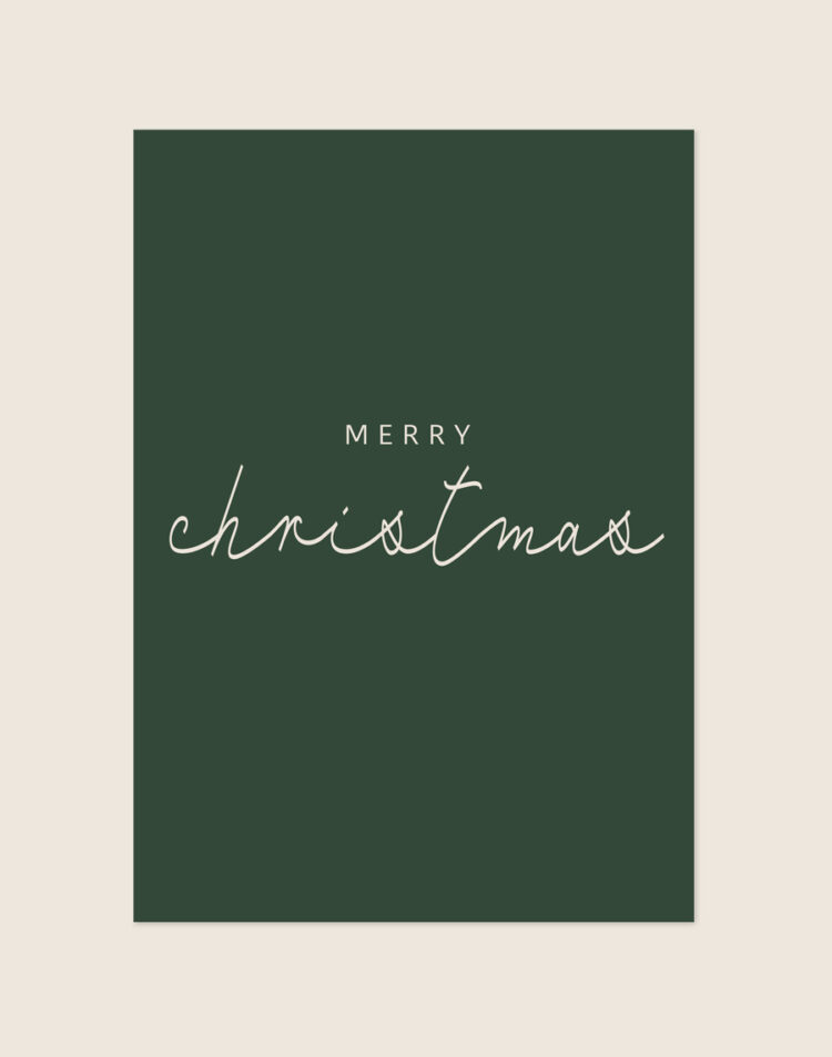 Donkergroene kerstposter met de tekst Merry Christmas in een minimalistische en sierlijke witte typografie.