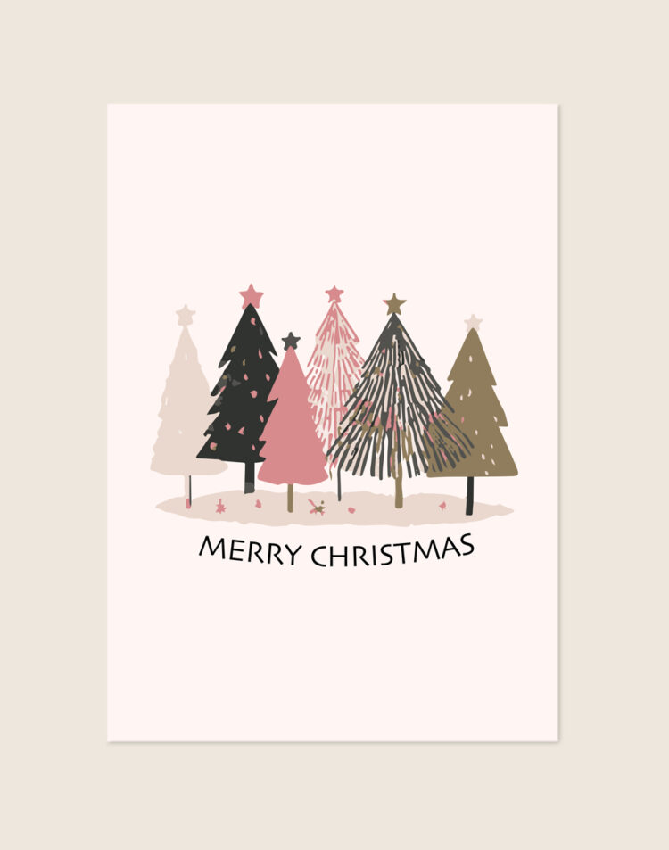 Moderne kerstposter met illustraties van kerstbomen in roze, bruine en zwarte tinten en de tekst Merry Christmas, sfeervol opgehangen in een woonkamer.
