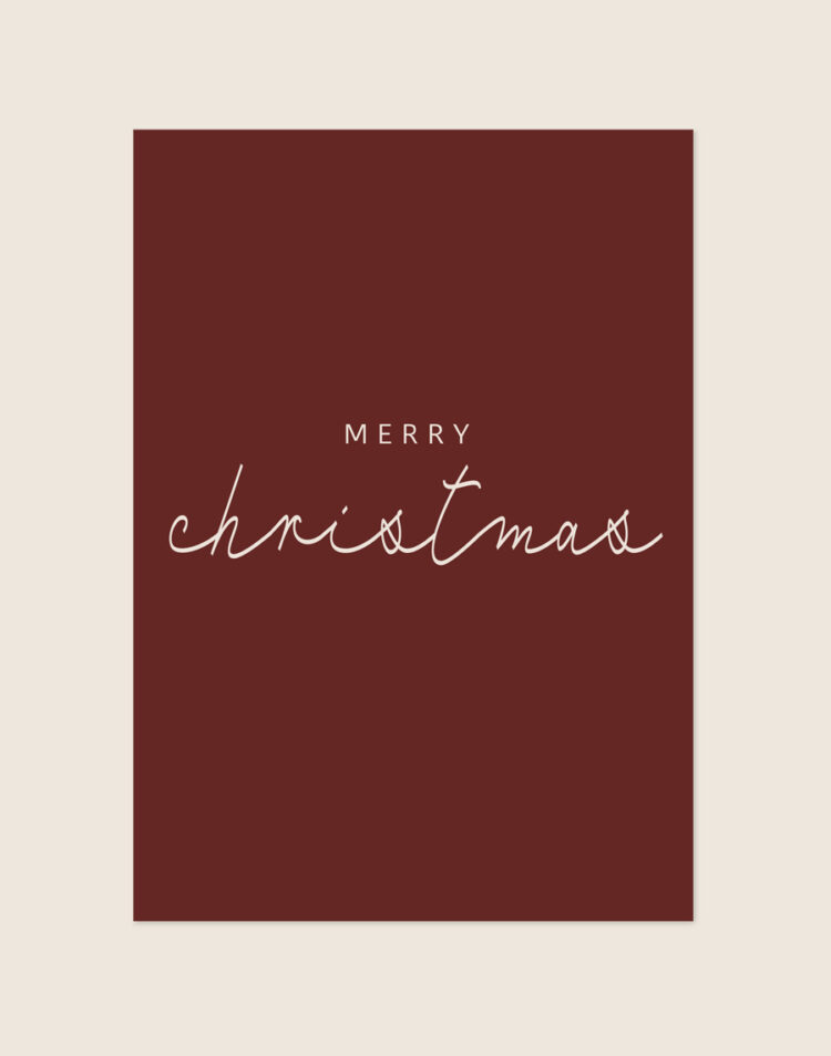 Dieprode kerstposter met de tekst Merry Christmas in een minimalistische en sierlijke witte typografie.