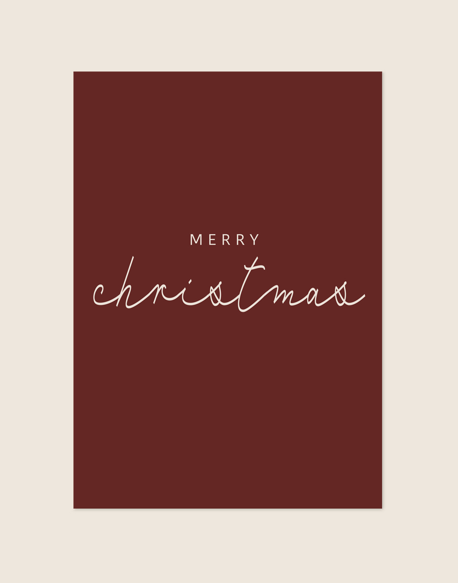 Dieprode kerstposter met de tekst Merry Christmas in een minimalistische en sierlijke witte typografie.