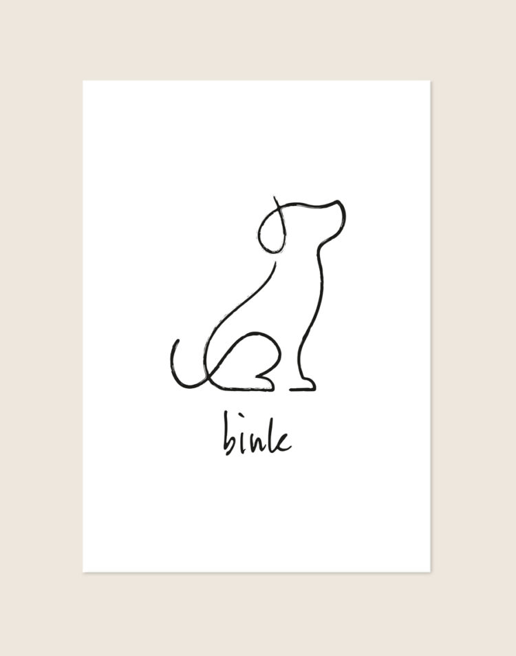Een minimalistische, witte poster met een abstracte line-art illustratie in zwarte lijnen van een zittende hond in profiel. Onder de hond staat de gepersonaliseerde naam "bink" geschreven in een speels, zwart handgeschreven lettertype.