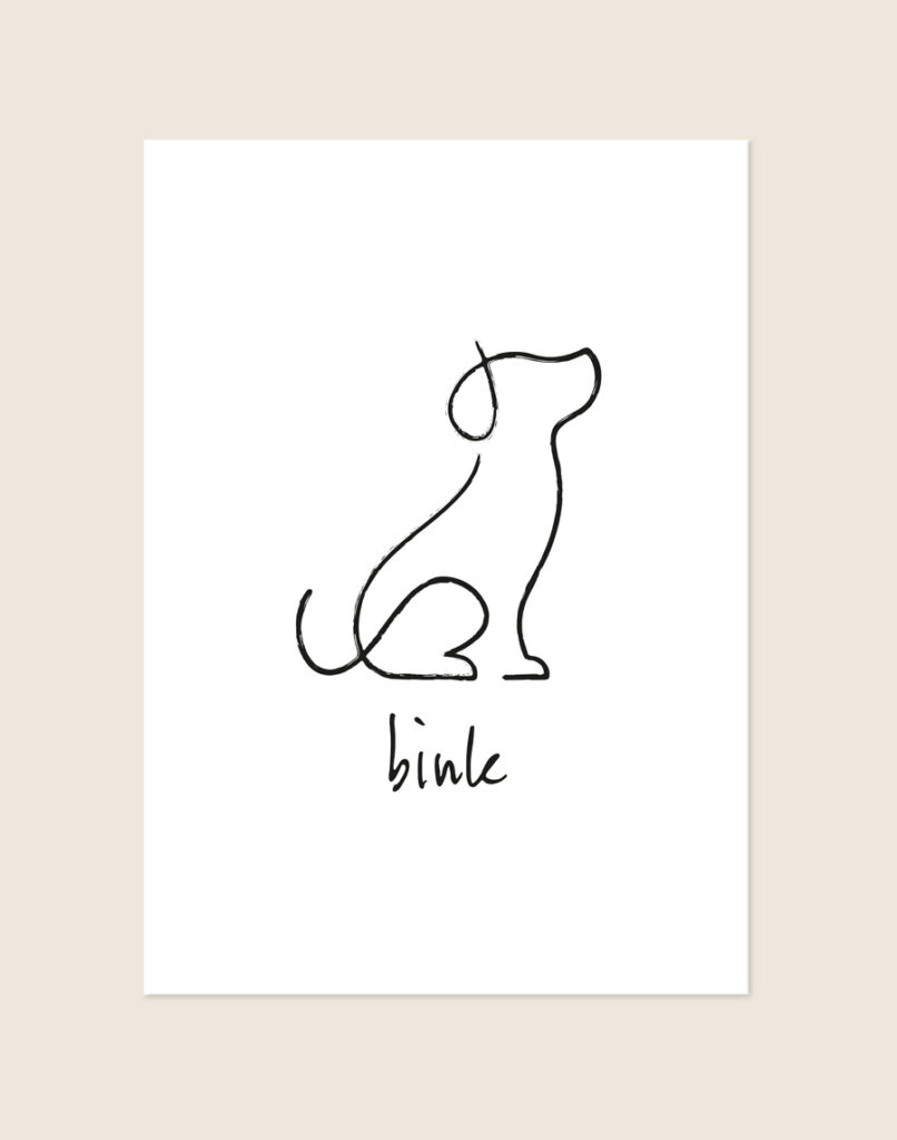 Een minimalistische, witte poster met een abstracte line-art illustratie in zwarte lijnen van een zittende hond in profiel. Onder de hond staat de gepersonaliseerde naam "bink" geschreven in een speels, zwart handgeschreven lettertype.