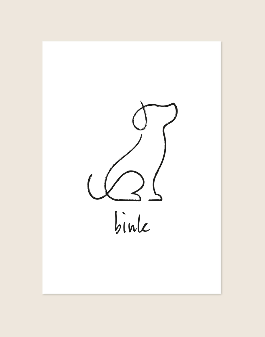 Een minimalistische, witte poster met een abstracte line-art illustratie in zwarte lijnen van een zittende hond in profiel. Onder de hond staat de gepersonaliseerde naam "bink" geschreven in een speels, zwart handgeschreven lettertype.