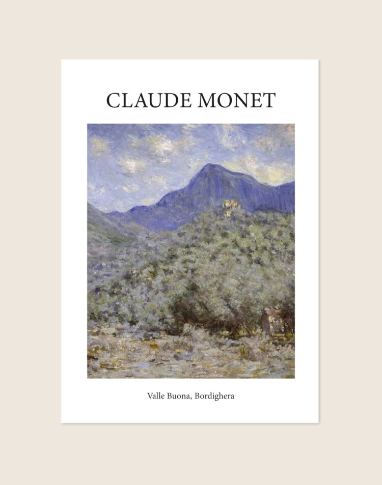 Klassieke poster van het schilderij Valle Buona van Claude Monet met een zonovergoten mediterraan landschap en palmbomen, sfeervol opgehangen in een woonkamer.