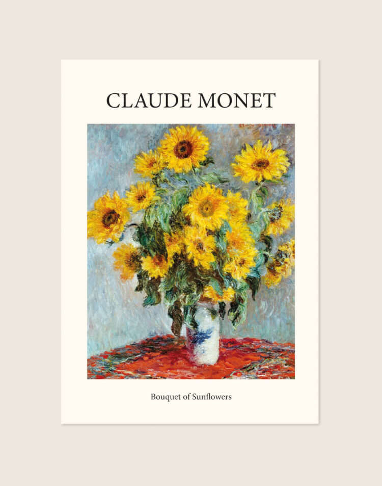 Klassieke poster van het schilderij Bouquet of Sunflowers van Claude Monet met een weelderig boeket zonnebloemen, sfeervol opgehangen in een woonkamer.