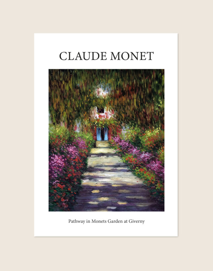 Klassieke poster van het schilderij Pathway in Monets Garden poster van Claude Monet met een weelderig en kleurrijk bloemenpad, sfeervol opgehangen in een woonkamer.