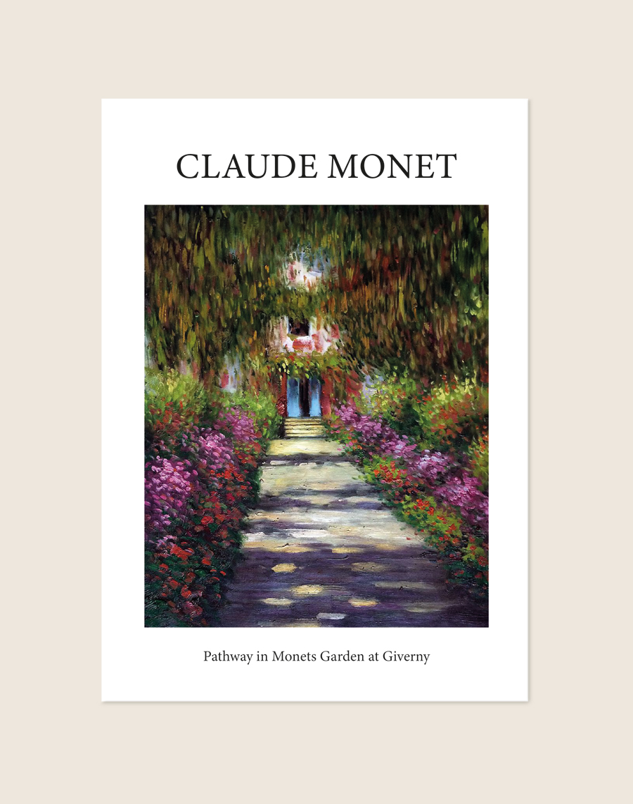 Klassieke poster van het schilderij Pathway in Monets Garden poster van Claude Monet met een weelderig en kleurrijk bloemenpad, sfeervol opgehangen in een woonkamer.