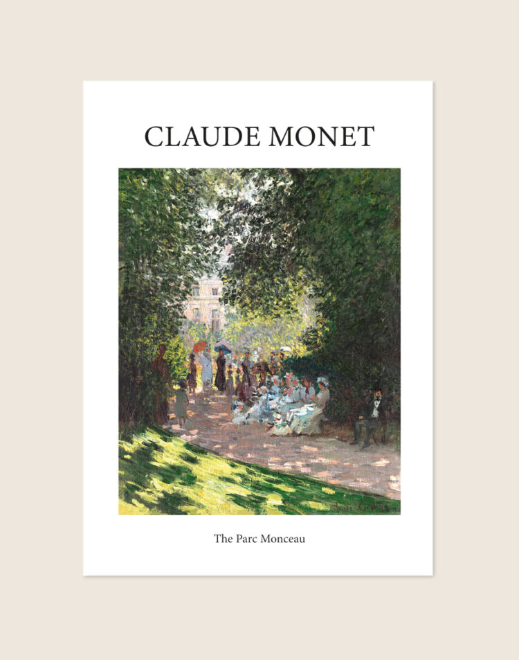 Klassieke poster van het schilderij The Parc Monceau van Claude Monet met een zonnig en groen park in Parijs, sfeervol opgehangen in een woonkamer.