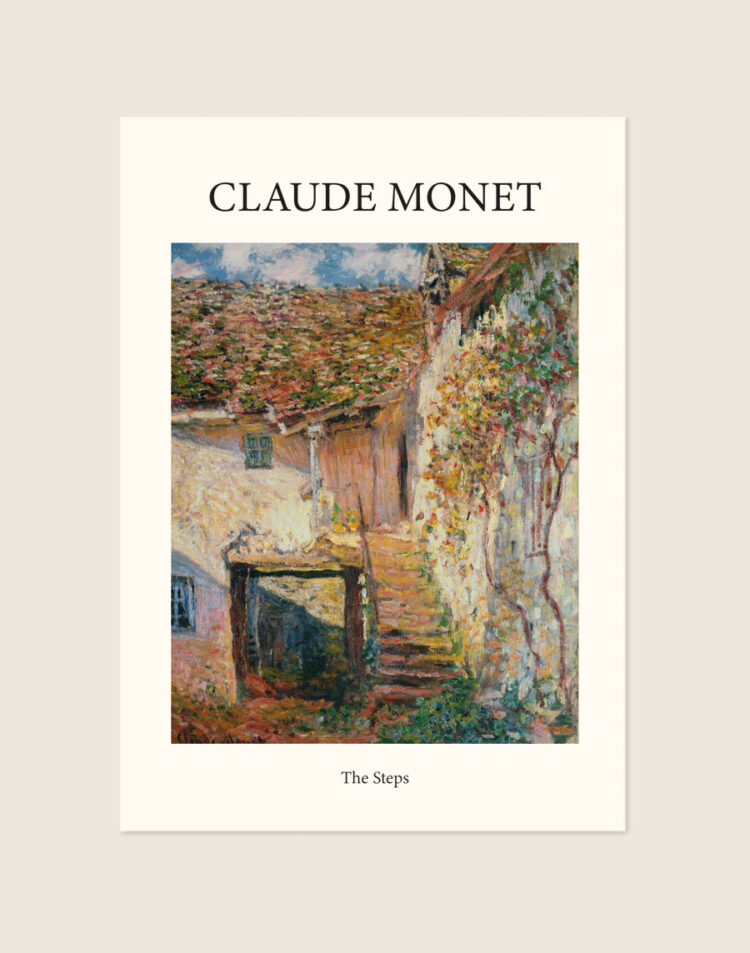 Klassieke poster van het schilderij The Steps van Claude Monet met een zonovergoten bloementrap, sfeervol opgehangen in een woonkamer.