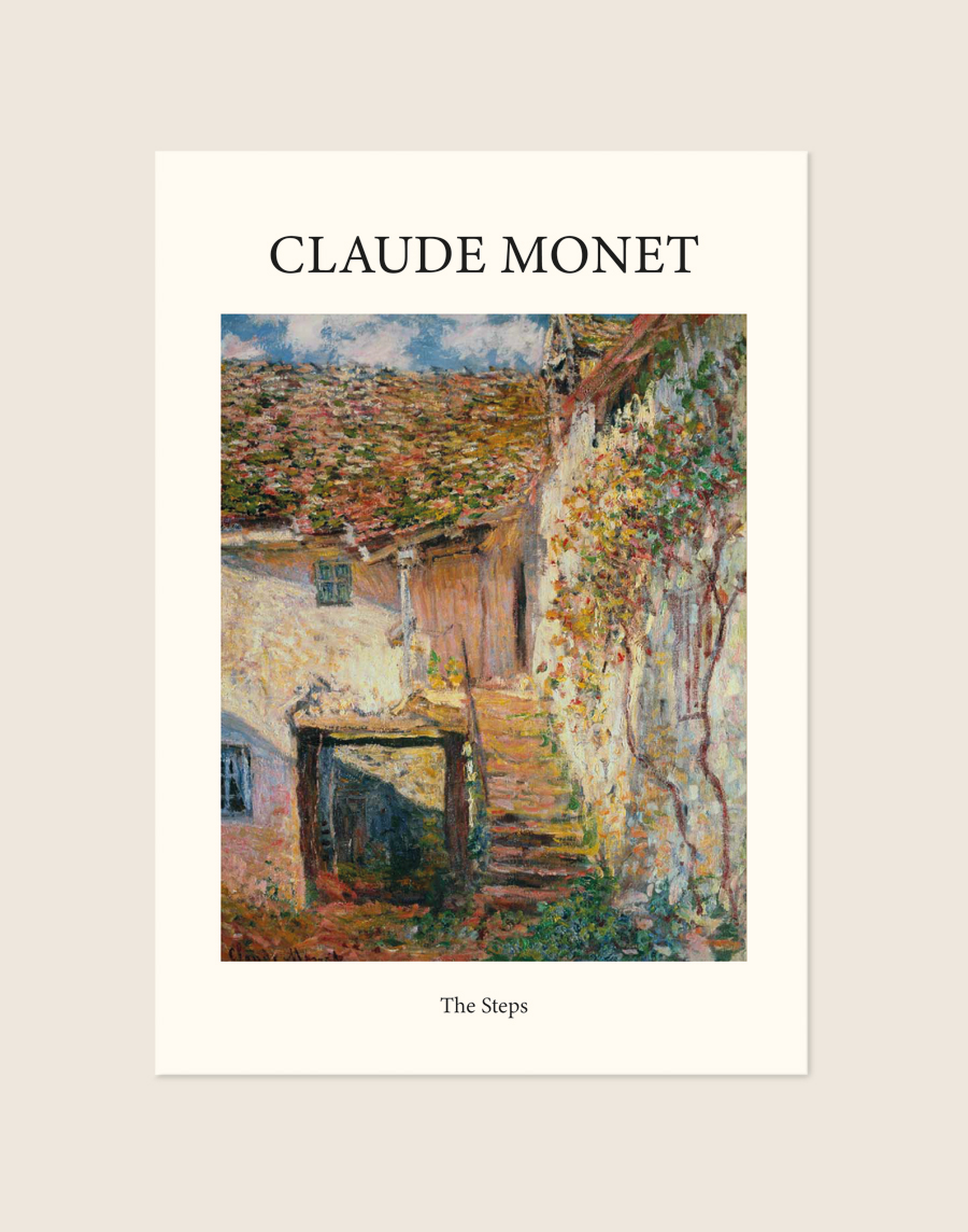 Klassieke poster van het schilderij The Steps van Claude Monet met een zonovergoten bloementrap, sfeervol opgehangen in een woonkamer.