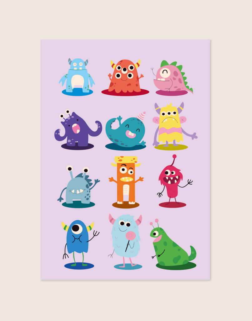 Het beeldbestand "Monsters.jpg", dat een kleurrijke kinderposter toont met een zacht lila achtergrond. Op de poster staan twaalf verschillende, vrolijk lachende cartoon monstertjes in felle kleuren zoals blauw, rood, paars, groen, geel en oranje.
